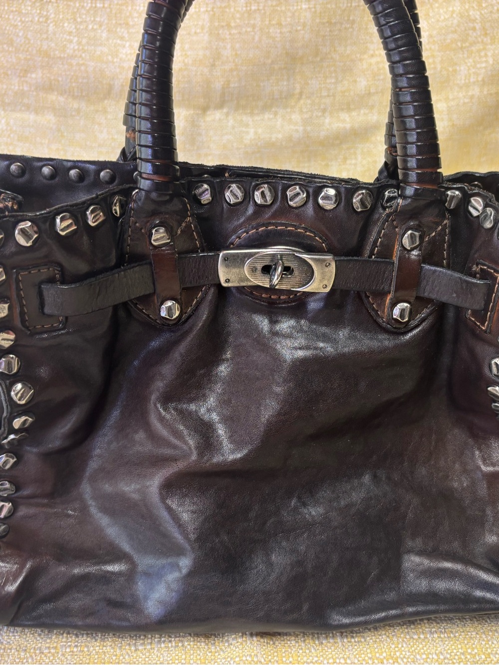 Giorgio Brato Dark Brown Leather Stud-Accent Shoulder Bag with Turn-Lock - Picture 4 of 10